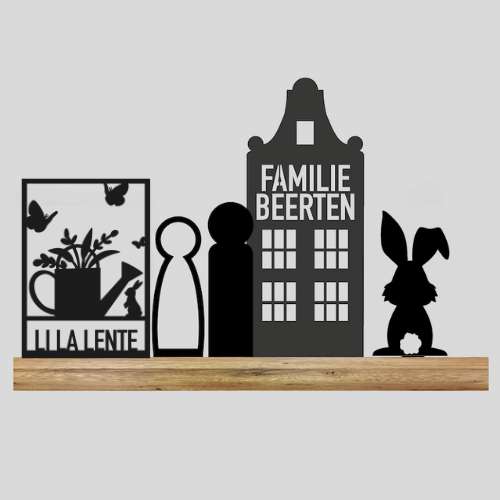 Raam "Lila Lente" + Huis + Boom + 2 Poppetjes + Paashaas (Kant-en-klaar)