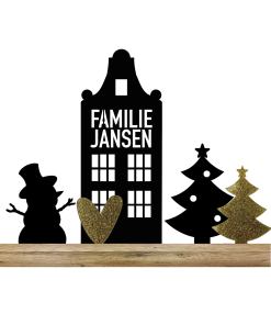 Kerstbomen + Sneeuwpop + Gevelhuis met naam (Kant & klaar)